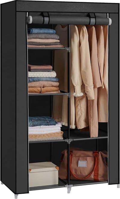 Famanu - Stoffenkast met 2 kledingrails en 6 legplanken 88x45x168 cm zwart