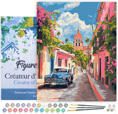 Figured'Art Schilderen op Nummer Volwassenen met lijst Klassieke Auto in Mexico-Stad - Handwerk acrylverf Kit DIY Compleet - 40x50cm Canvas al ingelijst