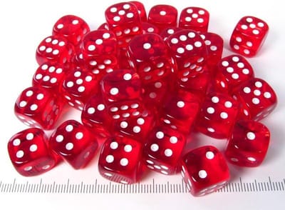 Chessex Doorschijnend Rood/wit D6 12mm Dobbelsteen Set (36 stuks)