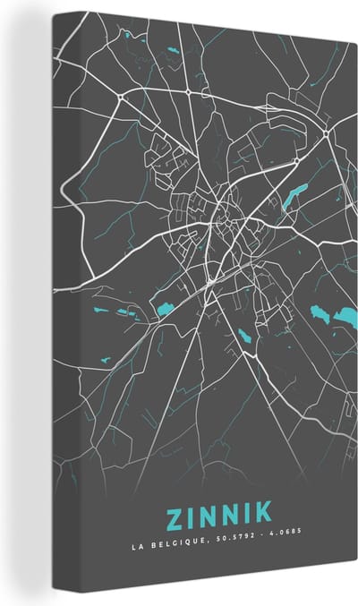 Canvas Schilderij België – Zinnik – Stadskaart – Kaart – Blauw – Plattegrond - 20x30 cm - Wanddecoratie