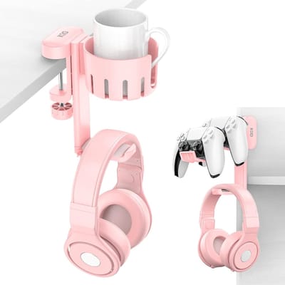 StayPowered Headset & Controller Houder - Perfect voor gaming setups - 3-in-1 design voor headset en controllers - Vervangbare bekerhouder - Krasbestendig - 360° Draaibaar - Eenvoudig te bevestigen - Roze - Levering Sneller dan Aangegeven!