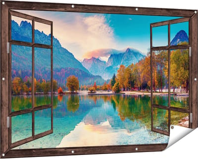 Gards Tuinposter Doorkijk Meer - 150x100 cm - Tuindoek - Tuindecoratie - Wanddecoratie buiten - Tuinschilderij