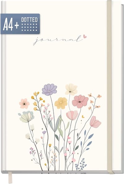 SnelShoppen - Dotted Journal A4+ met elastiek 'Flower Joy' - 156 pagina's gestippeld notitieboek, schetsboek, dagboek - Duurzaam & klimaatvriendelijk