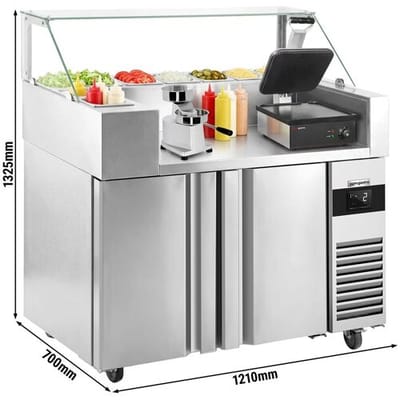 GGM Gastro Zubereitungstisch - 1210mm - 2 Türen - für 9x GN 1/6 - inkl. Kontaktgrill & Hamburgermaschine Zilver