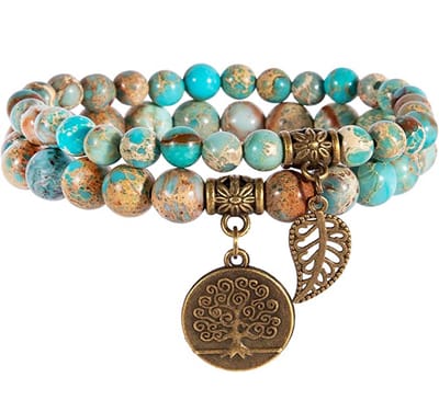 Bixorp Gems Dubbele Serpentijn Armband met Levensboom & Veertje - Edelsteen Kralenarmband met Hanger - Chakra
