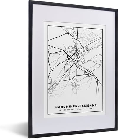 Fotolijst incl. Poster Zwart Wit- België – Marche en Famenne – Stadskaart – Kaart – Zwart Wit – Plattegrond - 30x40 cm - Posterlijst