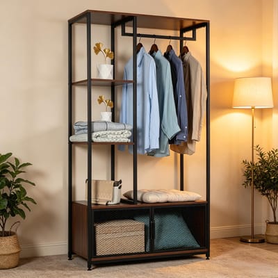 Clruro Kapstok - 90 × 40 × 167 cm - met Schoenenopslag - Verstelbaar - Open Design - MDF + Metaal - Donker Hout en Zwart