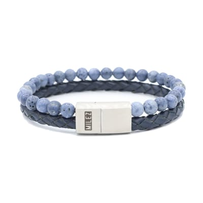 Milez - Armband mannen - armband heren leer met kralen - Blauw - Maat S