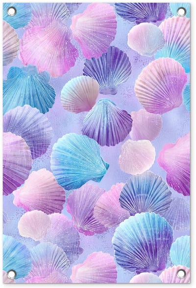 Tuinposter 40x60 cm - Tuindecoratie Schelpen - Paars - Blauw - Patroon - Poster voor in de tuin - Buiten decoratie - Schutting tuinschilderij - Tuindoek muurdecoratie - Wanddecoratie balkondoek