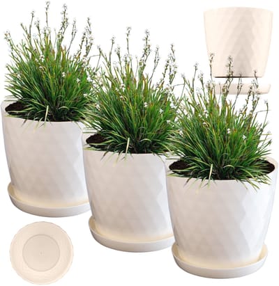 KADAX Bloempot, kunststof pannenset met onderzetter, plantenbak van licht materiaal, decoratieve kruidenpot, pot voor bloemen, planten, cactus en vetplanten (set van 3-18 cm, ecru)