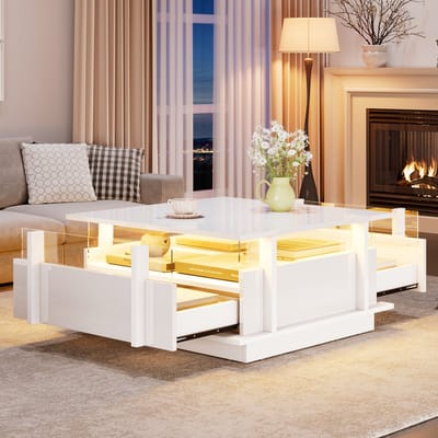 Salontafel - 70 x 70 x 35 cm - Hoogglans 2 Lades LED Acryl Scheidingswand - Geschikt voor kleine ruimtes - Hoogglans Plaat Acryl - Wit