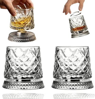 Draaiend whiskyglas set van 2-360° ronddraaiend kristal tumblerglas-zware onderkant loodvrij premium glas-geschikt voor bourbon scotch whisky-bar accessoire drankglas cadeau