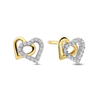 New Bling 9NB-1435 Zilveren Oorknoppen Open Hart met Witte Zirkonia - Gold Plated - 925 Sterling Zilver - Dames Oorbellen