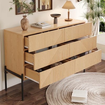 PHOEBE CAT Ladekast - Gestreepte design - 6 lades - Houtnerf - Metalen poten - Natuurlijke