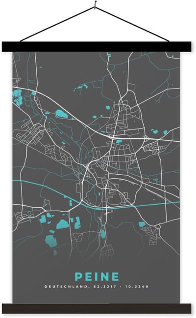 Posterhanger incl. Poster 60x90 cm - Schoolplaat - Peine – Stadskaart – Blauw – Plattegrond – Stadskaart – Kaart - Duitsland - Textielposter - Zwarte latten - Stadskaart