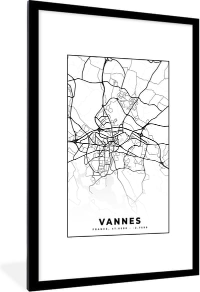 Fotolijst incl. Poster Zwart Wit- Kaart - Plattegrond - Vannes - Frankrijk - Stadskaart - Zwart wit - 80x120 cm - Posterlijst