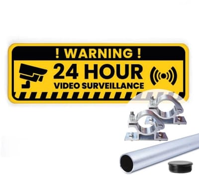 Bord Video surveillance - geel - Weerbestendig Aluminium - 40x15 cm - Bevestiging: Met paal 120 cm + paalbeugels + paaldop