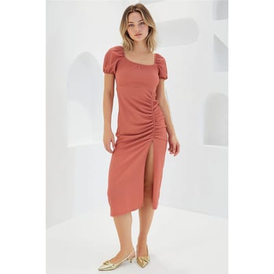 Textured Midi Brei Jurk met Vierkante Kraag