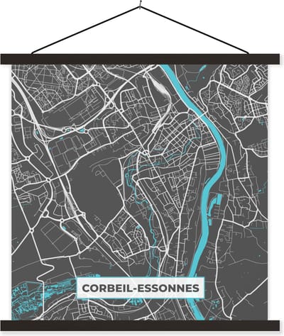 Posterhanger incl. Poster 60x60 cm - Schoolplaat - Plattegrond - Stadskaart - Kaart - Frankrijk - Corbeil-Essonnes - Textielposter - Zwarte latten - Stadskaart