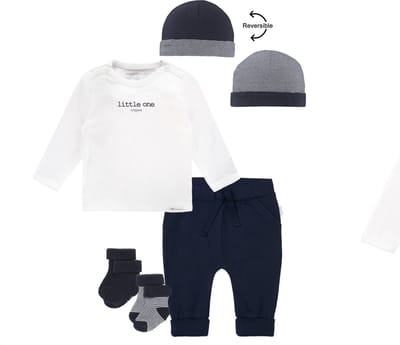 Noppies kledingset - 5delig - Broek Naupli donkerblauw - Shirt Hester wit - Muts en 2 paar sokjes - Maat 44