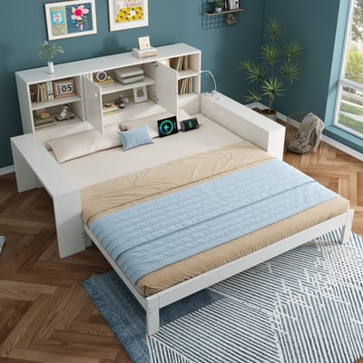 MODFU - Bedbank Met Uitschuifbed En Opbergruimte - USB En USB-C - Modern - Voor Logeerkamer - MDF - Wit - 90 X 200 Cm