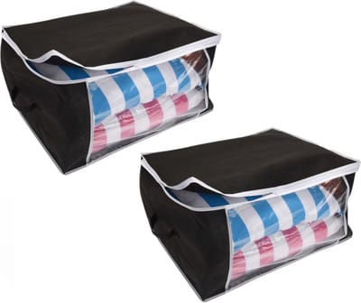 2x stuks dekbed/kussen opberghoezen zwart met venster 60 x 45 x 30 cm - Opberghoezen - Beschermhoezen - Dekentassen - Kussentassen