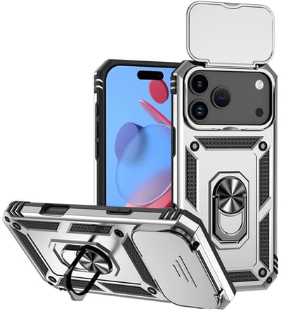 Coverup Hoesje - Geschikt voor iPhone 17 Pro Max Hoesje - Coverup Armor Ring Kickstand Back Cover met Camera Shield - Zilver