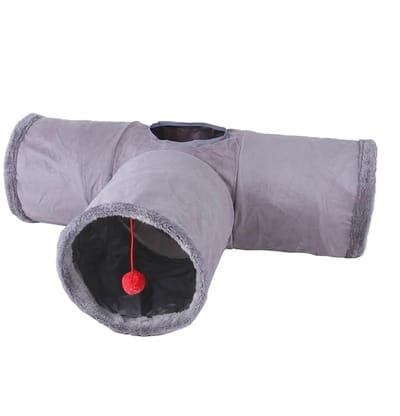 Kattentunnel Opvouwbaar – Pluche Speeltunnel met Krinkelgeluid & Hangend Balletje – Katten Speelgoed Tunnel Cave – Grijs 80×25×26cm – ANMI