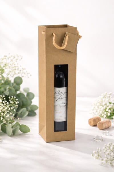 25 x Papieren Wijntas 10+9x38cm voor 1 Fles met touw en venster/Flestas papier bruin/ Cadeauverpakking /draagtas voor Fles/wijn / Fleszak · Fles zak / Kerst / Verjaardag