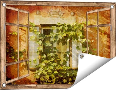 Gards Tuinposter Doorkijk Raam met Luiken - 60x40 cm - Tuindoek - Tuindecoratie - Wanddecoratie buiten - Tuinschilderij