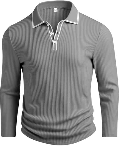 Rib Stof Polo Lange Mouwen - Grijs - Slim Fit - Shirt - Mode