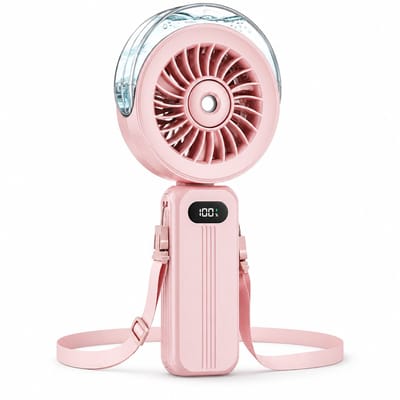Handventilator met waterverneveling - Krachtige mini ventilator oplaadbaar via USB - Draagbare handventilator met 4000 mAh accu en 5 snelheden - Kleine inklapbare USB ventilator voor reizen, festival en kantoor - Roze