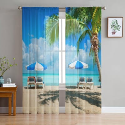 Stoelen en palmbomen op het strand Transparante gordijnen voor slaapkamer woonkamer Tule gordijnen voor keukenraam Voile gordijnen 135W x 114H(cm) blue