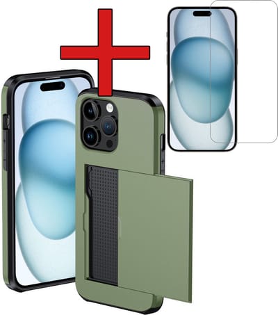 Hoesje Geschikt voor iPhone 15 Pro Hoesje Met Pasjeshouder Hard Case Met Kaarthouder Met Screenprotector - Hoes Geschikt voor iPhone 15 Pro Hoesje Pashouder Case - Donkergroen