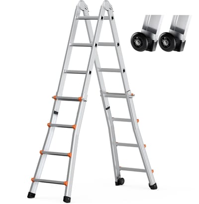 13 Ft Telescopische Ladder A-Frame, Compacte Aluminium Uitschuifbare Ladder, Multifunctionele Opvouwbare Autoladder voor Thuis, Op Trappen, Binnen/Buiten, 150 Kg Draagvermogen, Zilver