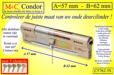 M&C Conder high-tech security deurcilinder 57x62 mm MET 5 SLEUTELS - SKG*** - Politiekeurmerk Veilig Wonen  -  inclusief MilaNNE gereedschap montageset