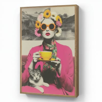 Wandlamp 70x100 cm - Oplaadbaar - Vrouw - Kat - Bloemen - Kopje - Retro - Wandlampen binnen woonkamer - Slaapkamer lamp - Decoratieve nachtlamp - Vloerlamp draadloos