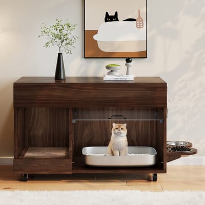 Verplaatsbare kattenbakkast - met voerbak en opvangbak - met geperforeerd bord met haakgaten - zonder kattentoilet - walnootkleur