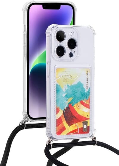 Hoesje met koord en pashouder Geschikt voor iPhone 16 Pro Hoesje - transparant siliconen shockproof backcover case