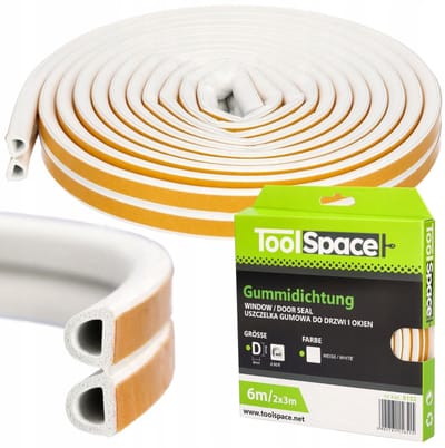 ToolSpace Zelfklevende Rubberen Afdichting (Type D) – 6 Meter (Wit) – Voor Kieren 3-7 mm – Raam & Deur Isolatie (EPDM)
