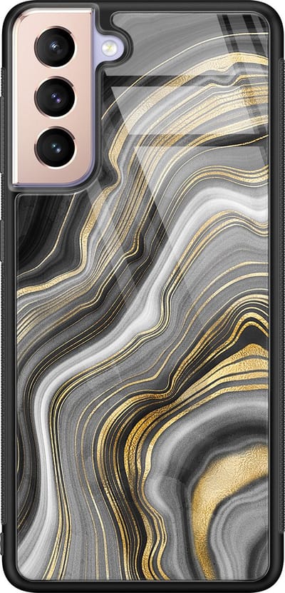 Hoesje geschikt voor Samsung Galaxy S21 - Marble agate - Luxe Glazen Hardcase - Marmer - Goud