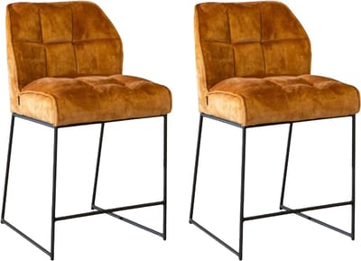 Bronx71® Velvet barkruk Janna okergeel 70 cm - barkrukken set van 2 - barstoel