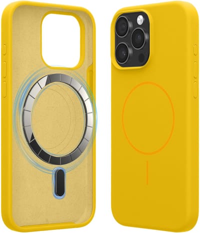 kwmobile Telefoonhoesje voor Apple iPhone 15 Pro Max - Hoes met siliconen randen en magnetische achterkant compatibel met MagSafe, in stralend geel