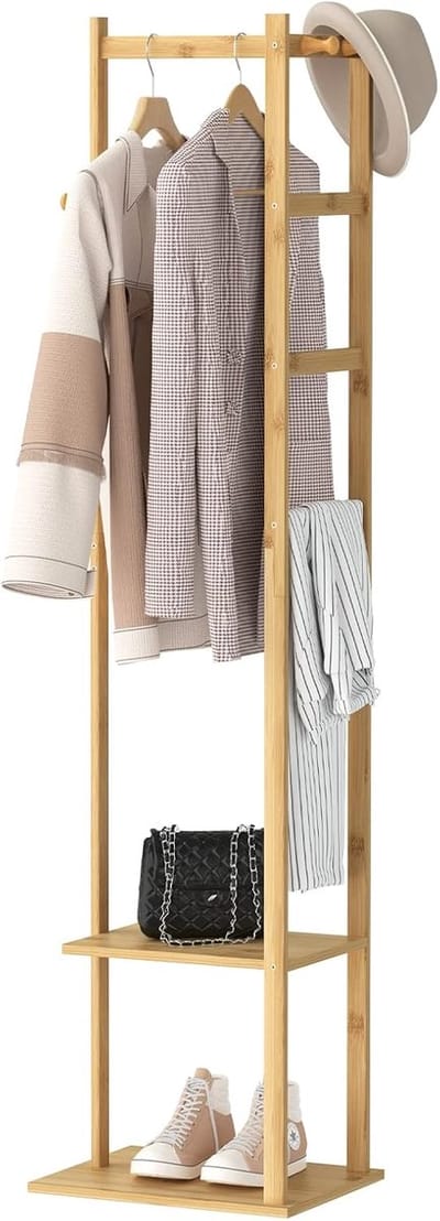 unho Bamboe Kapstok - Kledingrek - Kapstok - Vrijstaand - 2 Planken - 3 Haken voor Kleding, Hoeden, Tassen, Hal, Entree