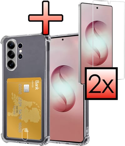 Hoesje - Geschikt voor Samsung Galaxy S26 Ultra - Met 2x Screenprotector - Pashouder - Kaarthouder - Telefoon Hoes Shockproof - Siliconen Case - Back Cover - Shock Proof - Pasjes Houder - Transparant