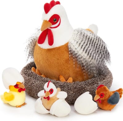 Pluche Kip - Knuffeldier Kuiken - Decoratie Kinderkamer - Moeder met Kuiken - 35 cm - Bruin