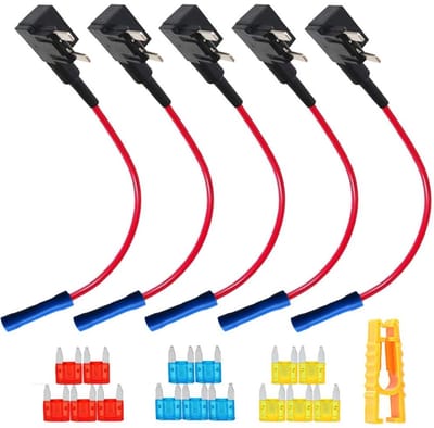 Dailygoody - Add-a-Circuit Fuse Tap - Mini Blade Fusehouder - Zwart - 5Pcs met 15 Mini Leaf Fuses - Ideaal voor Auto's - Compact en Handig