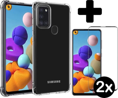 Hoesje - Met Screenprotector - 2 Stuks - Geschikt voor Samsung Galaxy A21s - Sterk & Shockproof - Back Cover - Siliconen Case - Telefoon Hoes - Shock Proof - Telefoonhoes - Transparant