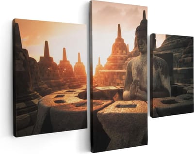 Artaza Canvas Schilderij Drieluik Boeddha Beeld In Een Tempel - 90x60 - Foto Op Canvas - Canvas Print