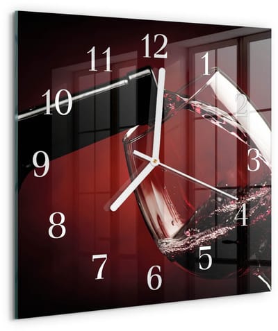 Tulup Wandklok - Wijnglas Wandklok Glas Decoratie - 30x30 cm - Rood Gekleurde Glazen Klok - Witte Handen - Vierkante Wandklok - Decoratieve Glazen Klok - Glazen Wandklok Design